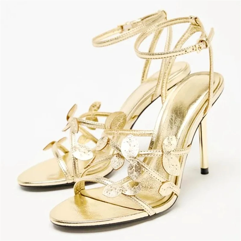 

Gold Foliage Luxury High Heels Women Ankle Buckle Open Toe Fashion Party Dress Shoes Narrow Band Designer Heeled Sandals Women