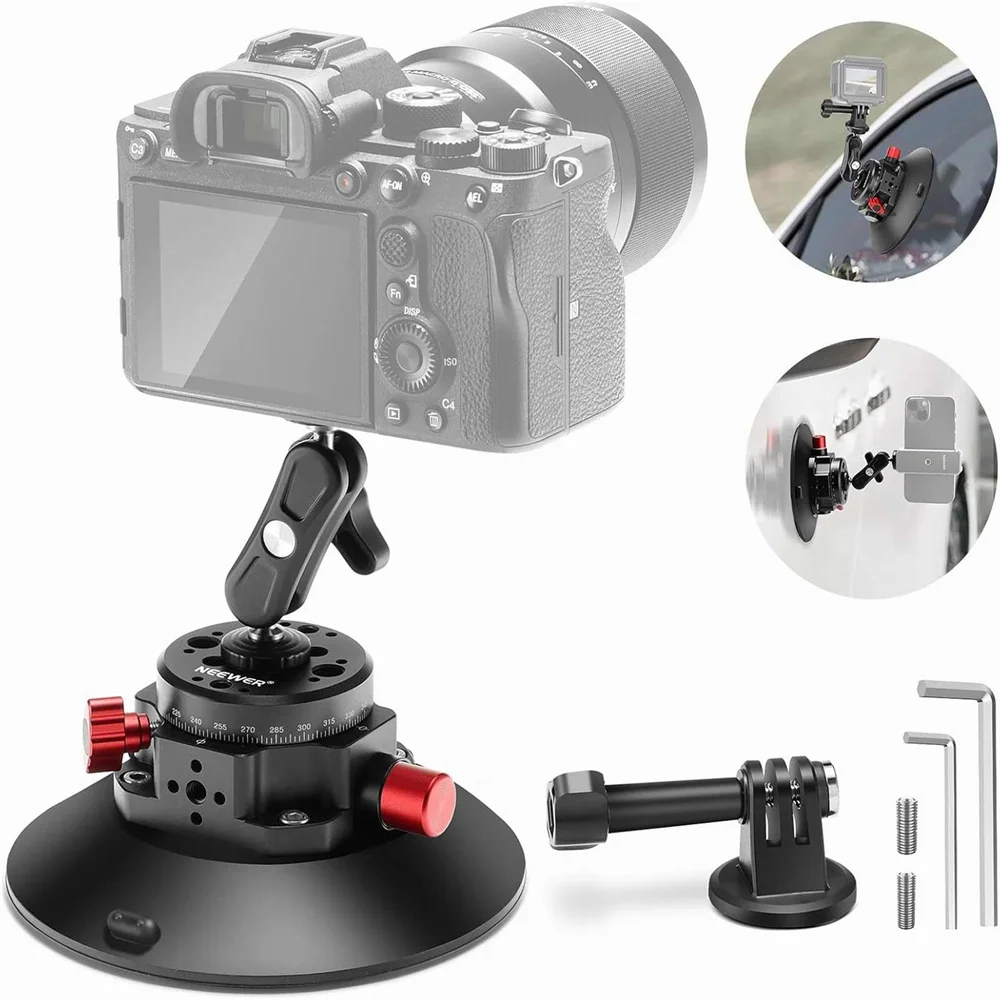 

NEEWER 6inch Hand Pump Car Suction Cup w 1/4"&3/8" Ball Head Magic Arm for Gopro12 11 10 9 8 Phone DSLR Camera Suction Mount