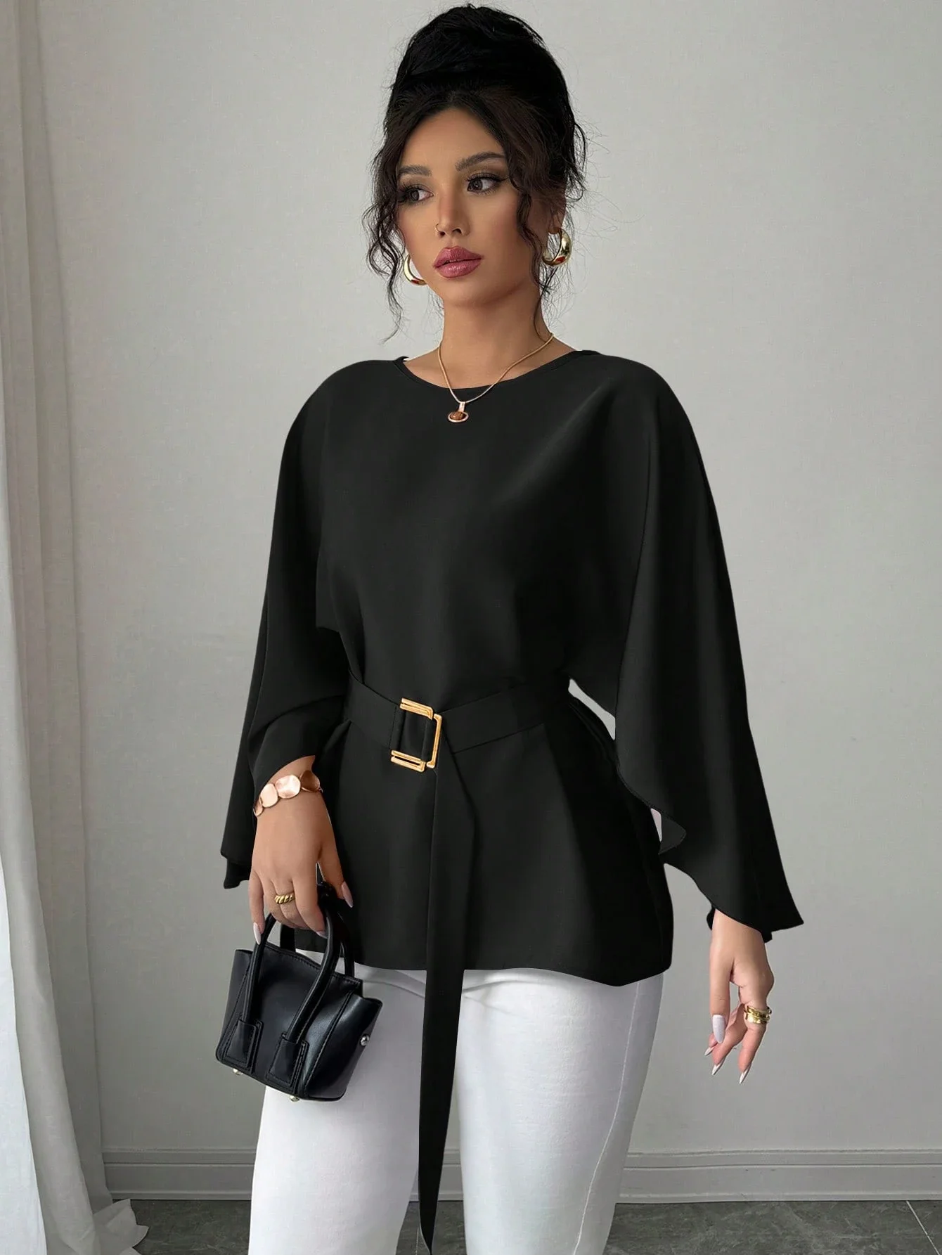 

Women's Round Neck Flutter Sleeve Self-Tie Waist Shiny Blouse Spring Summer Fall