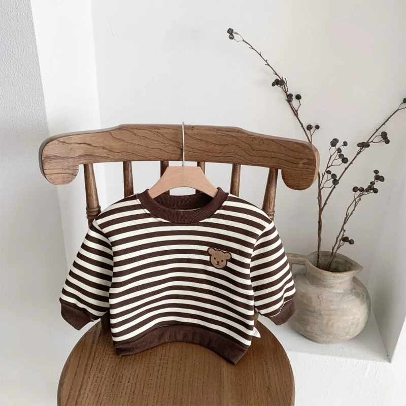 D0JC Baby Warm Outfits Baby Clothes with Bear Pattern Autumn Winter Long Sleeves Crewneck Sweatshirt Boys Girls Pullover Tops