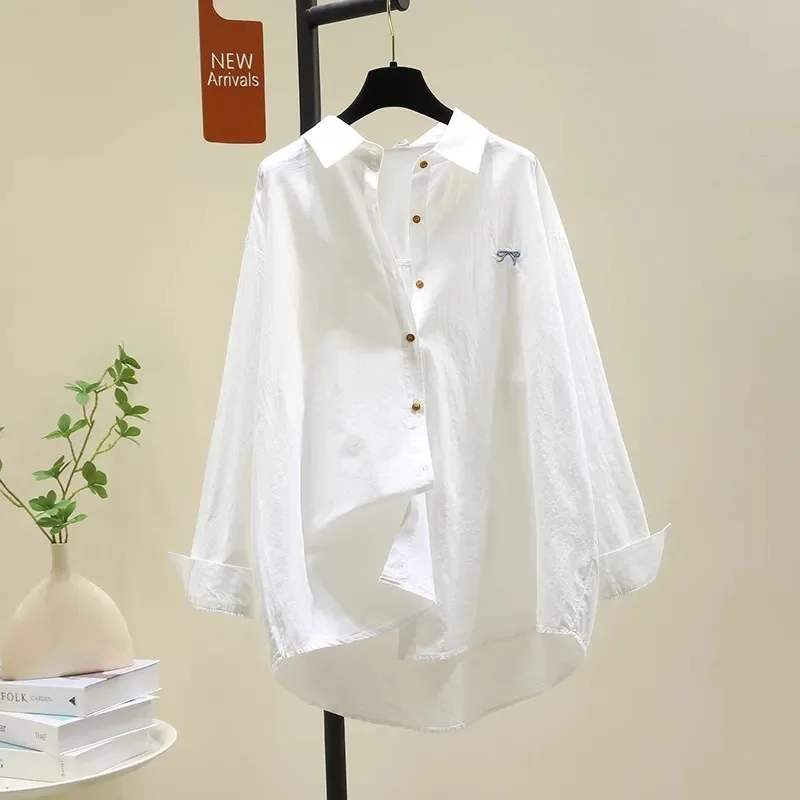 

Spring Autumn 2026 Fashion versatile New bow embroidered long sleeved shirt Medium-long for women loose lazy casual top Outwear