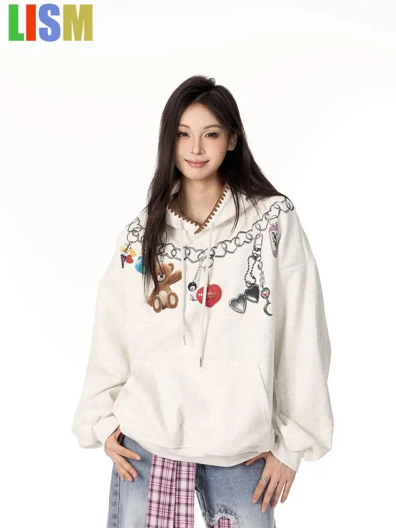 

LISM women's winter clothes y2k hoodies sweatshirt 2025 Retro Bear Nelace Hoodie Women Loose Casual Versatile Overhead Top