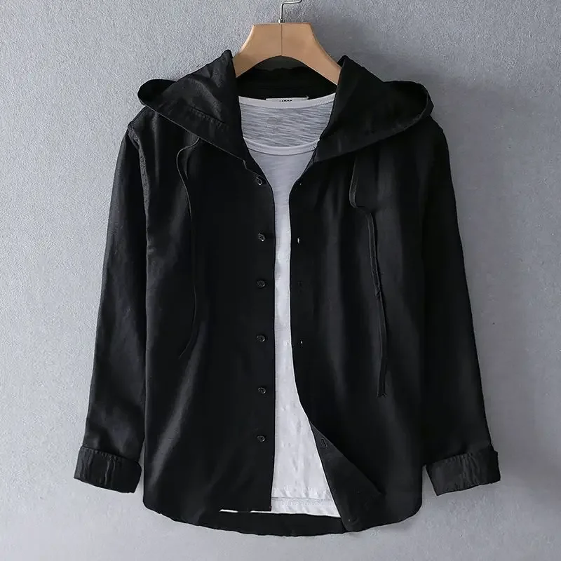 Long-sleeved Spring Summer New Solid Inen Shirt Trendy Men's Thin Cotton Linen Tops Loose Hooded Youth Fashionable Male Clothes
