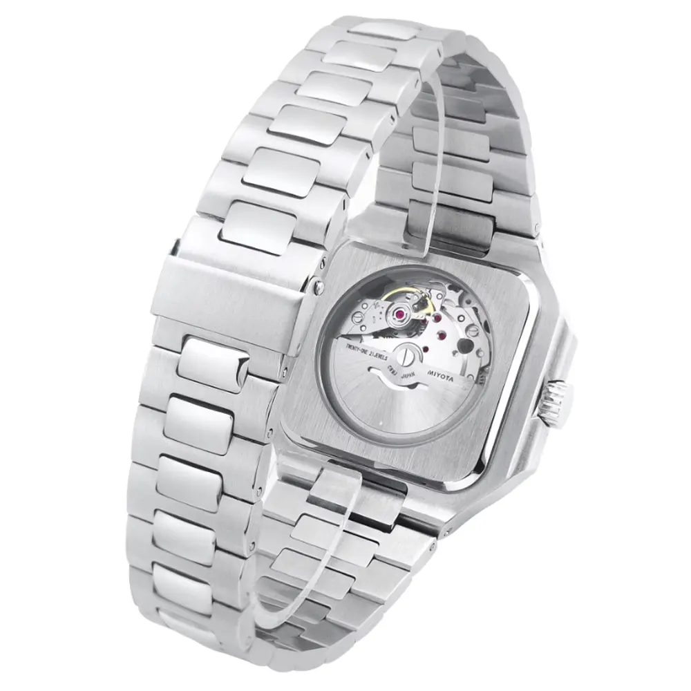 Relógio masculino quadrado de luxo com logotipo personalizado, 44mm, automático, nh35/miyota, prata, ouro rosa, à prova d'água, mecânico