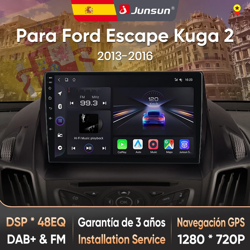 Autoradio Junsun con Voz AI per Ford Kuga Escape 2013-2016, CarPlay Wireless, Android Auto, 2DIN con Bluetooth, DAB+, GPS, RDS