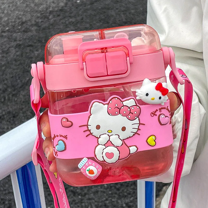 

Sanrio Hello Kitty Water Cup Girl Cute Cartoon Kuromi Cinnamoroll Portable Children Student Double Drinking Straw Cup Girl Gift