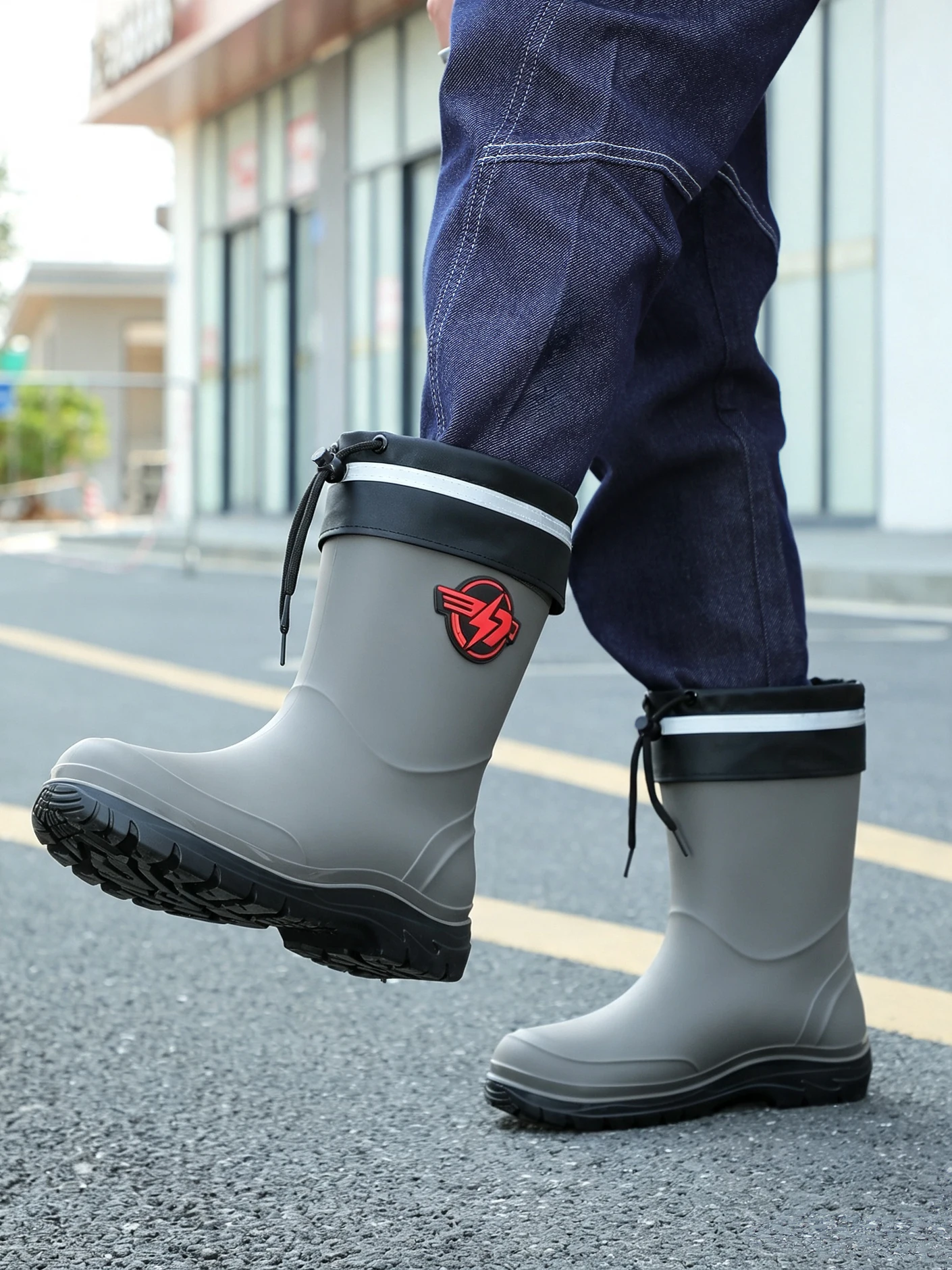 Fleece Lined Warm Rain Boots Men's 2026 New Mid-Calf Waterproof Non-Slip Odor Resistant Fishing Work Boots Shoe Cleaning