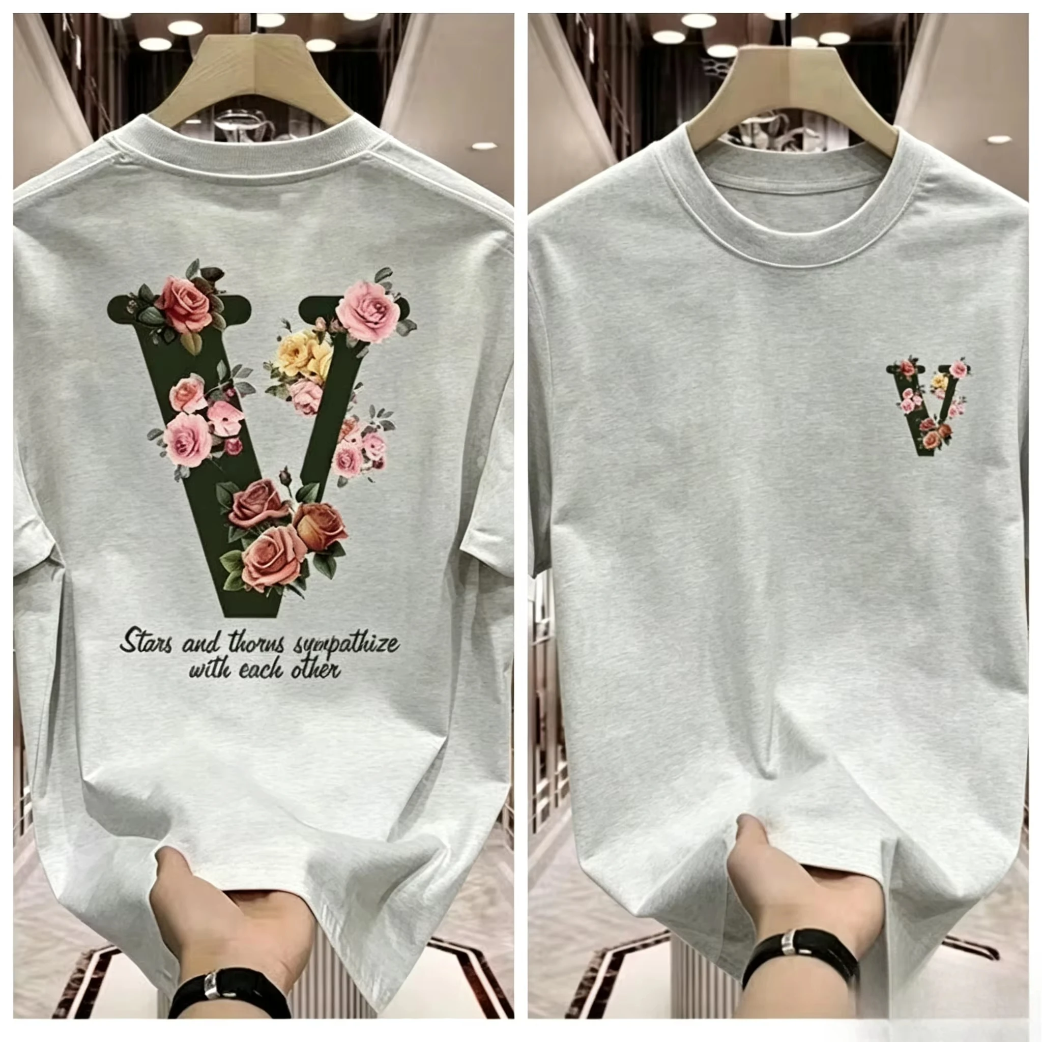 2026 V‑Shaped Floral Rose Graphic T‑Shirt Kids Adults Oversized Print Tee Aesthetic Flower Loose Short‑Sleeve Tops