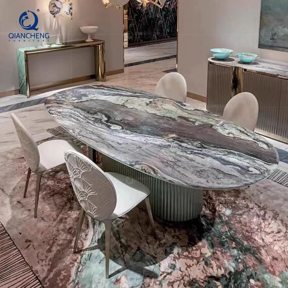 oval green marble top dining table set 6 seater with chair high end luxury unique dinning table furniture-factories-in-italy