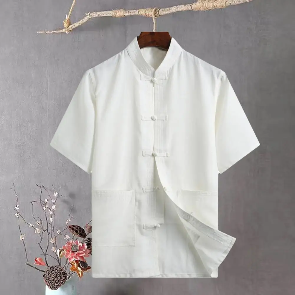 Father Summer Top Short Sleeve Buckle Chinese Style Stand Collar Single-breasted Chinese Wear Tai Chi Clothing Male Clothes