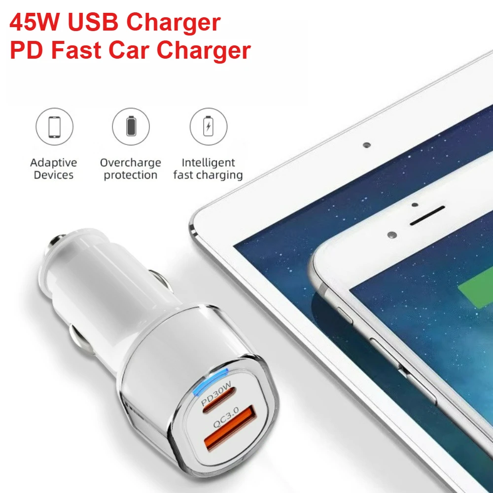 50W QC3.0 Car Charger Fast Charging 2 Ports Quick Charge USB Type-C Travel Wall Adapter in Car for Xiaomi Samsung iPhone 12-24V