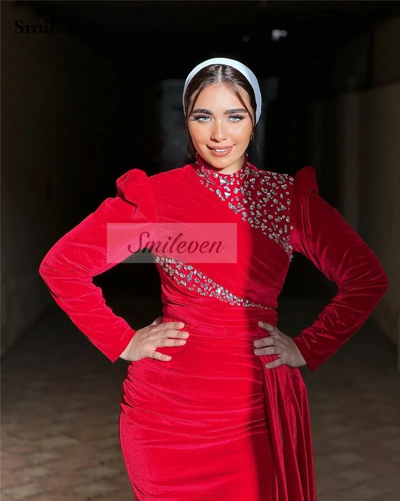 Smileven Red Velour Moroccan caftan Formal Evening Dresse High Neck Long Sleevees High Neck Beading Women Prom Party Gowns 2024