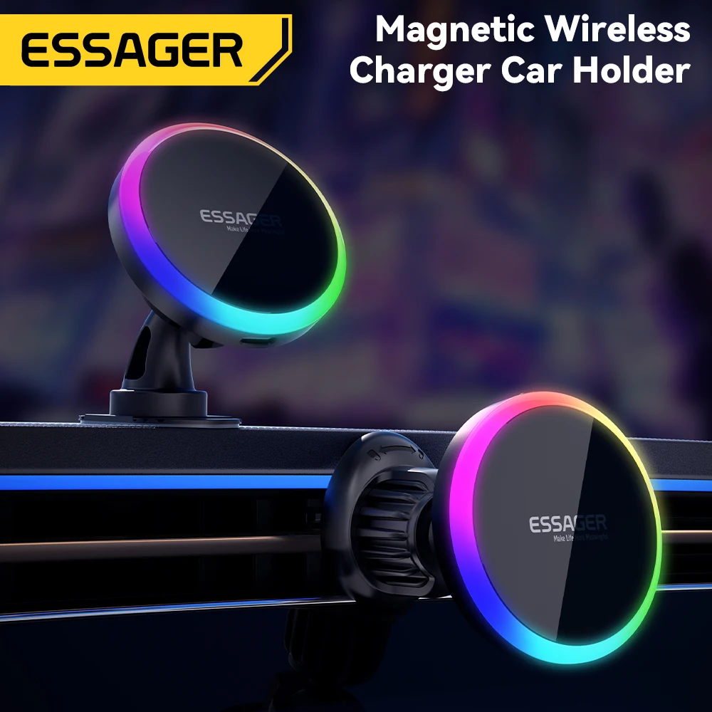 Essager RGB Magnetic Car Phone Holder Qi 15W Macsafe Wireless Charger For iPhone 15 14 13 Samsung Universal Phone Holder Stand