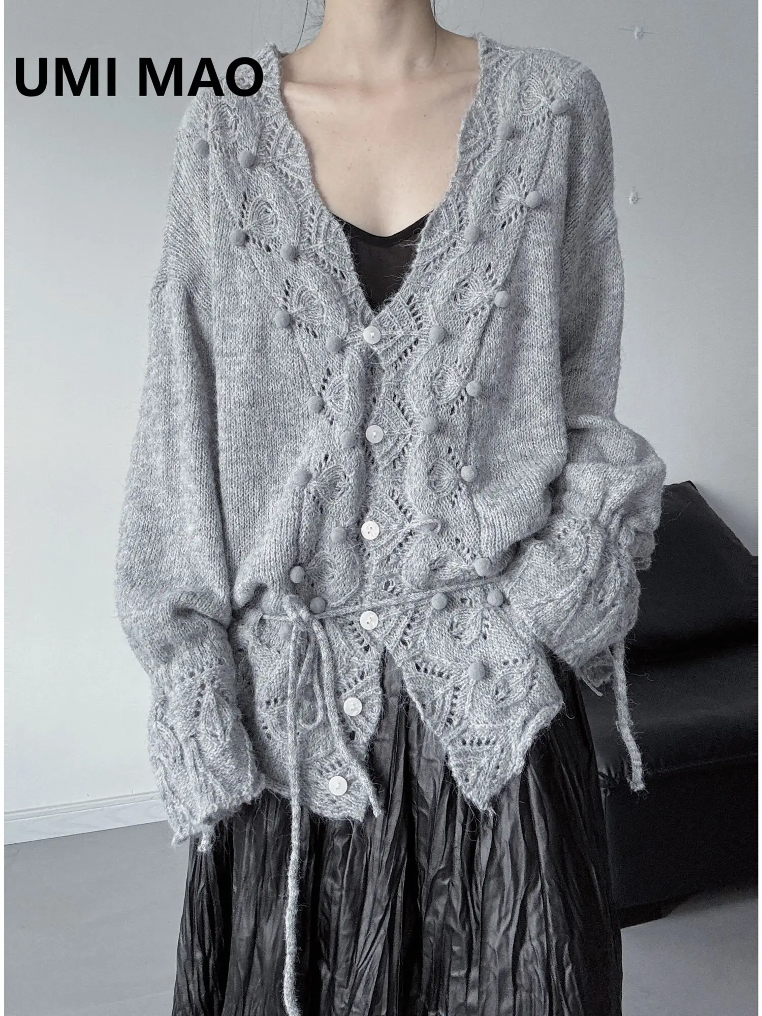 

UMI MAO Niche Design Crochet Sweater Women New Loose Lazy Style Knitted Cardigan For Autumn Winter Top Femme Y2K