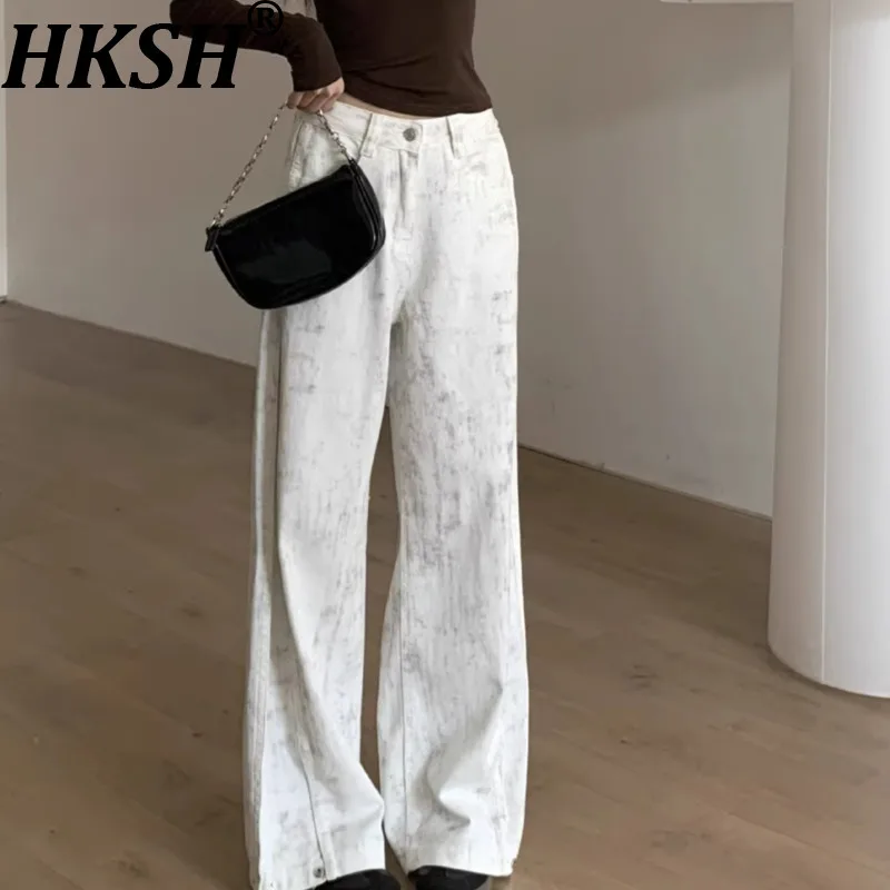 

HKSH Women Fashion Straight Jeans Tie-Dye American Retro Elegant Casual Versatile Denim Wide Leg Pants New Spring Summer HK19585
