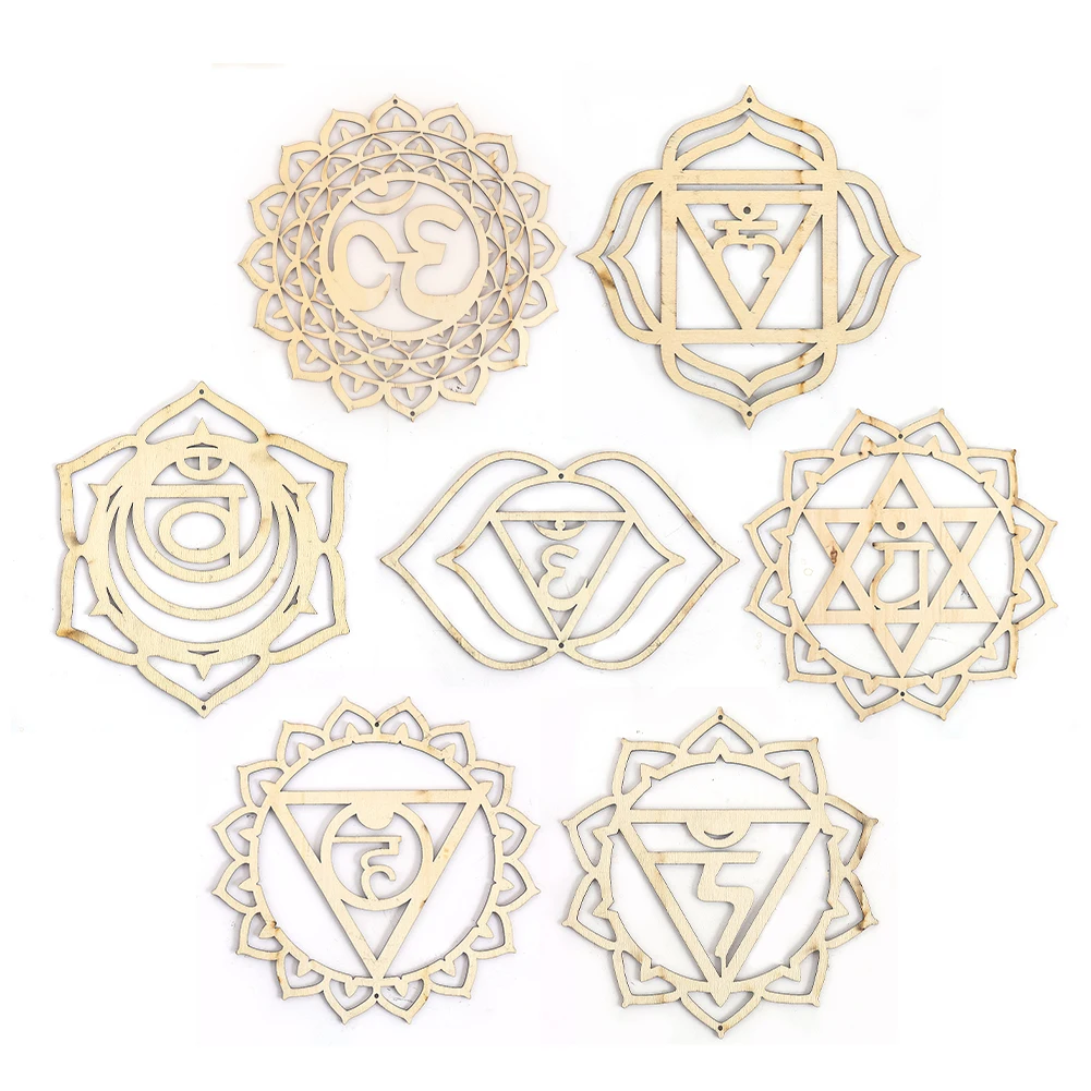 7PCS/set Wooden Chakra Board Mandala Om Meditation Symbol Reiki Wall Hanging Decor for Home Living Room/Yoga Studio Decoration