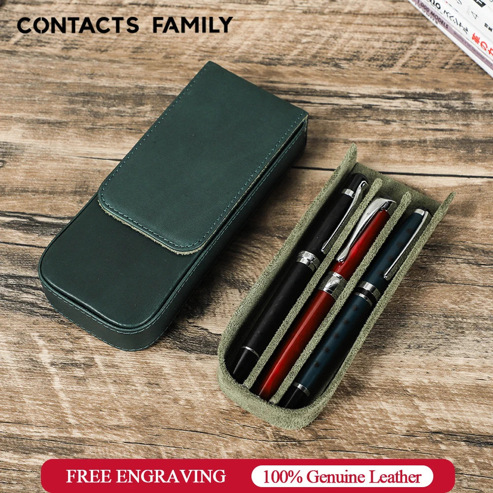 CONTACTS FAMILY Genuine Leather 3 Slots Pen Case With Removable Pen Tray Holder Pencil Case Men Woman Girls Office School Pouch