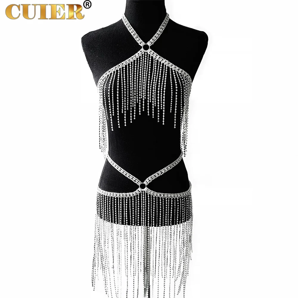 CUIER Women Dress Sexy Body Jewelry Tassel Rhinestone Crystal Long Skirt Hanging neck Sleeveless Backless Body Chain