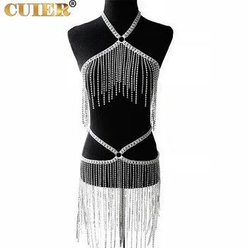 Cuwomen Women Dress Sexy Body Jewelry Tassel Rhinestone Crystal Long Skirt Hanging Neck Sleeveless Backless Body Chain