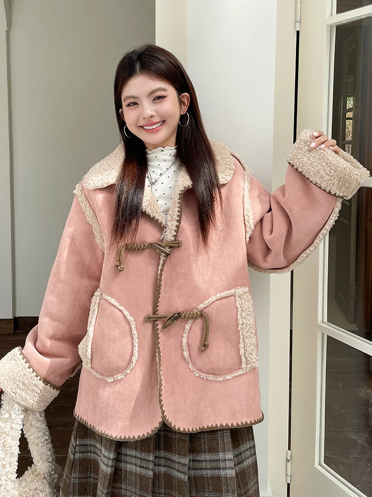 

Корейская женская куртка из искусственной овчины с мехом ягненка, уникальная, красивая, с комбинированными вставками из искусственной кожи, длинный рукав, розовый цвет