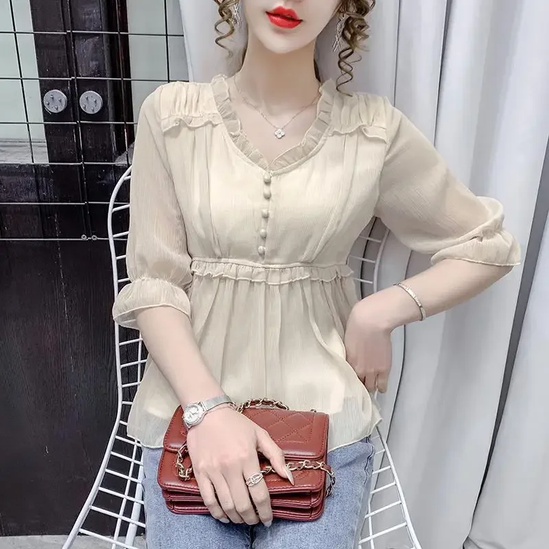 Chiffon shirt women's short-sleeved summer new Korean style loose pullover v-neck fashion western casual top