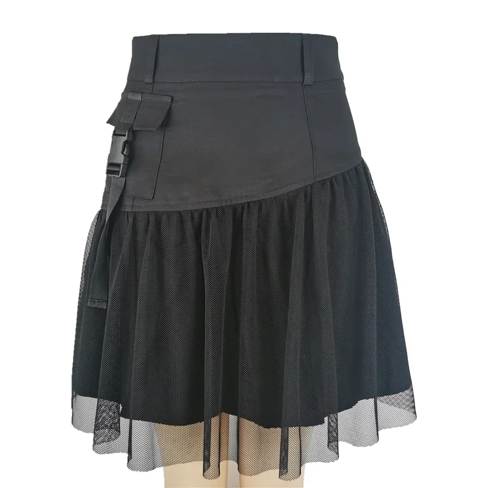 IMU Y2k Vintage Skirt Dark Pocket Female Style Ladies Harajuku Mesh Summer Streetwear Black Sexy High Waist A-Line Party