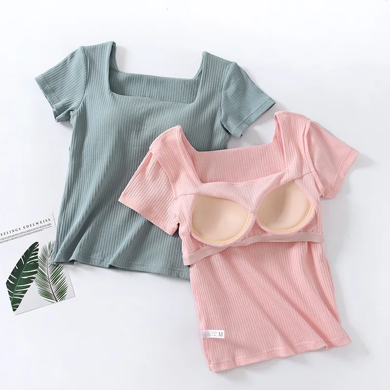 Ribbed Cotton Women\'s T-Shirts Short Sleeve Solid Color Wireless with Padded Bust Slim Base Layers Top Female Blouse C5551