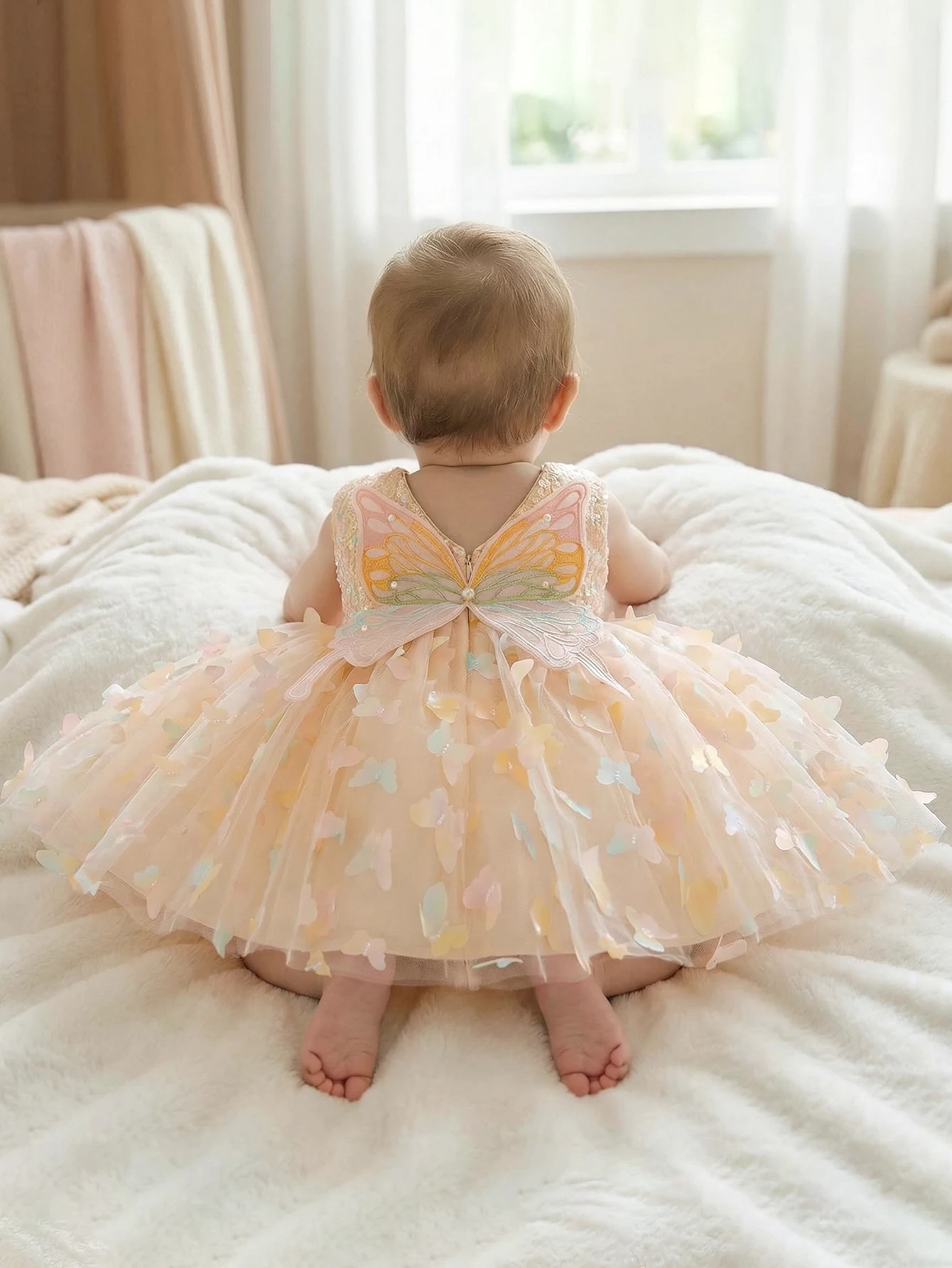 Baby Girls Champagne Sequined High-End Dress With Three-Dimensional Butterfly Decoration of Net Fabric, Birthday Party or Weddin