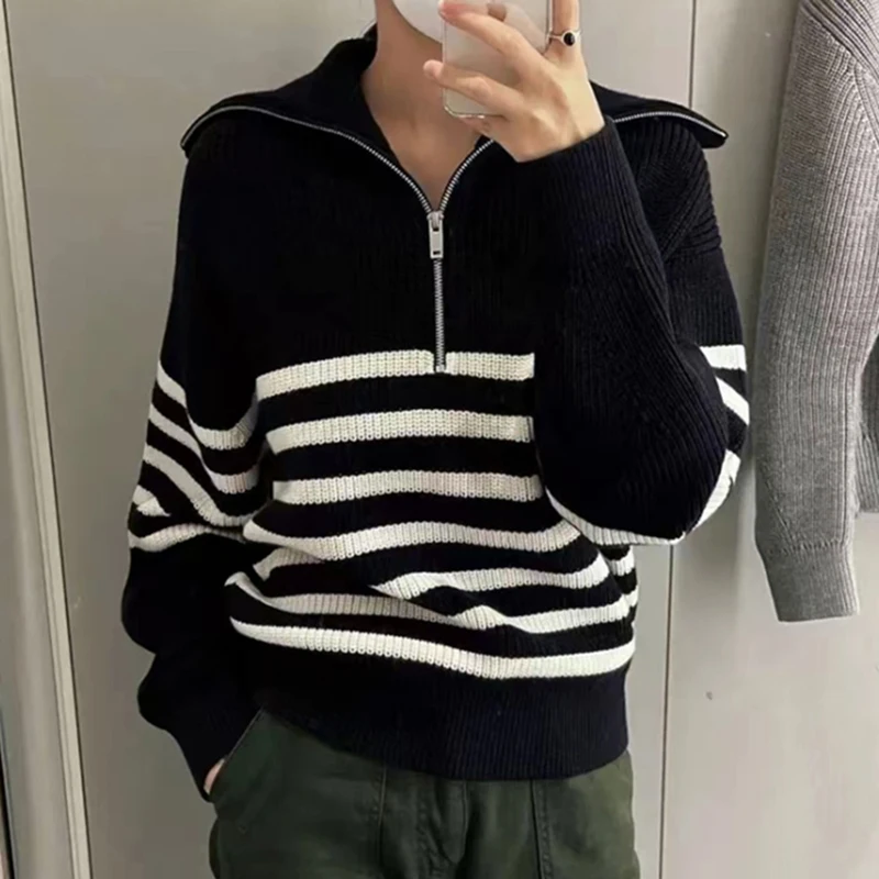 HELIAR Women Striped Loose Knit Sweater Casual Long Sleeve Zipper Polo Collar Sweaters Thickened Warm Pullovers Autumn Winter