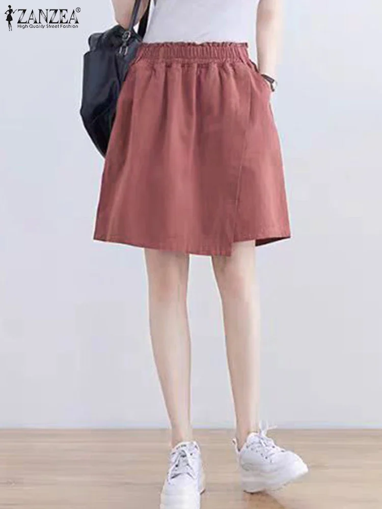 ZANZEA 2025 Damskie Letnie Szorty Spódniczki Elastyczna Talia Jednolite Szorty Codzienna Moda Wysoki Stan Kieszenie Vintage Oversize Szorty
