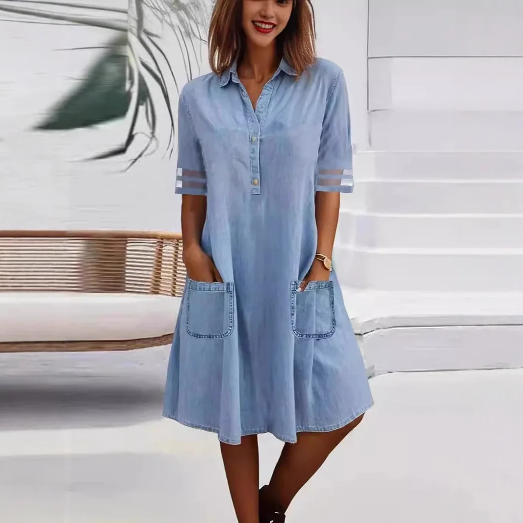 2025 Nieuwe Dames Denim Ort Sve Dr Lange Rok Pure Kleur Patchwork Me Lambrisering Casual Basic Sle Irt Kraag