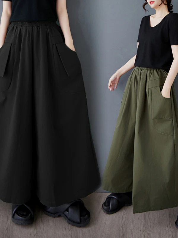 Wide Leg Pants Elastic Waist Pocket Multi-Functional Loose Slimming Large Size Casual Trousers Versatile Skirt for Women