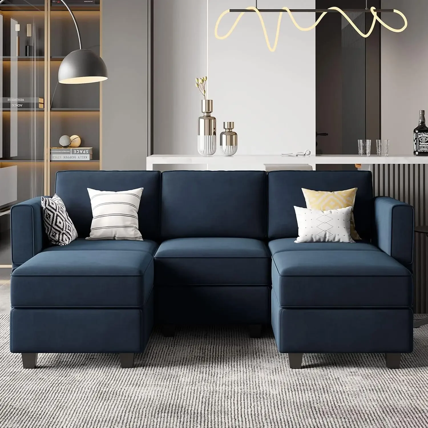 Modular Sectional Sofa with Double Chaise Velvet U Shaped Sofa Reversible Sectional Couch with Storage Blue