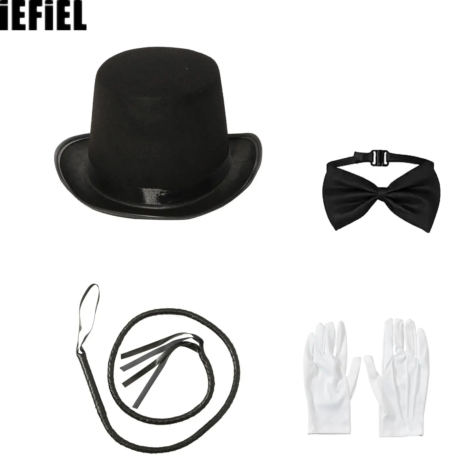 Circus-themed Cosplay Costume Accessories Short Brim Hat Bow Tie with Gloves And Faux Whip Four-piece Set for Halloween