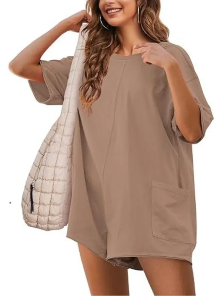 Casual losse effen jumpsuit dame mode O hals korte mouw shorts zakken jumpsuits voor vrouwen zomer streetwear kleding nieuw