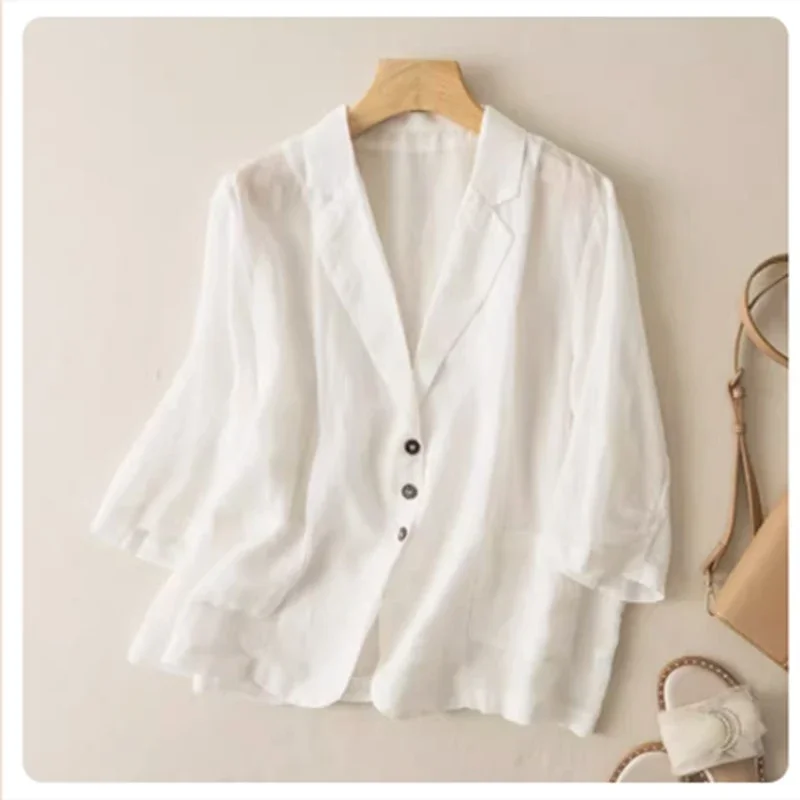 

Women's Black Notch Lapel 3/4 Sleeve Linen Blazer with Pockets