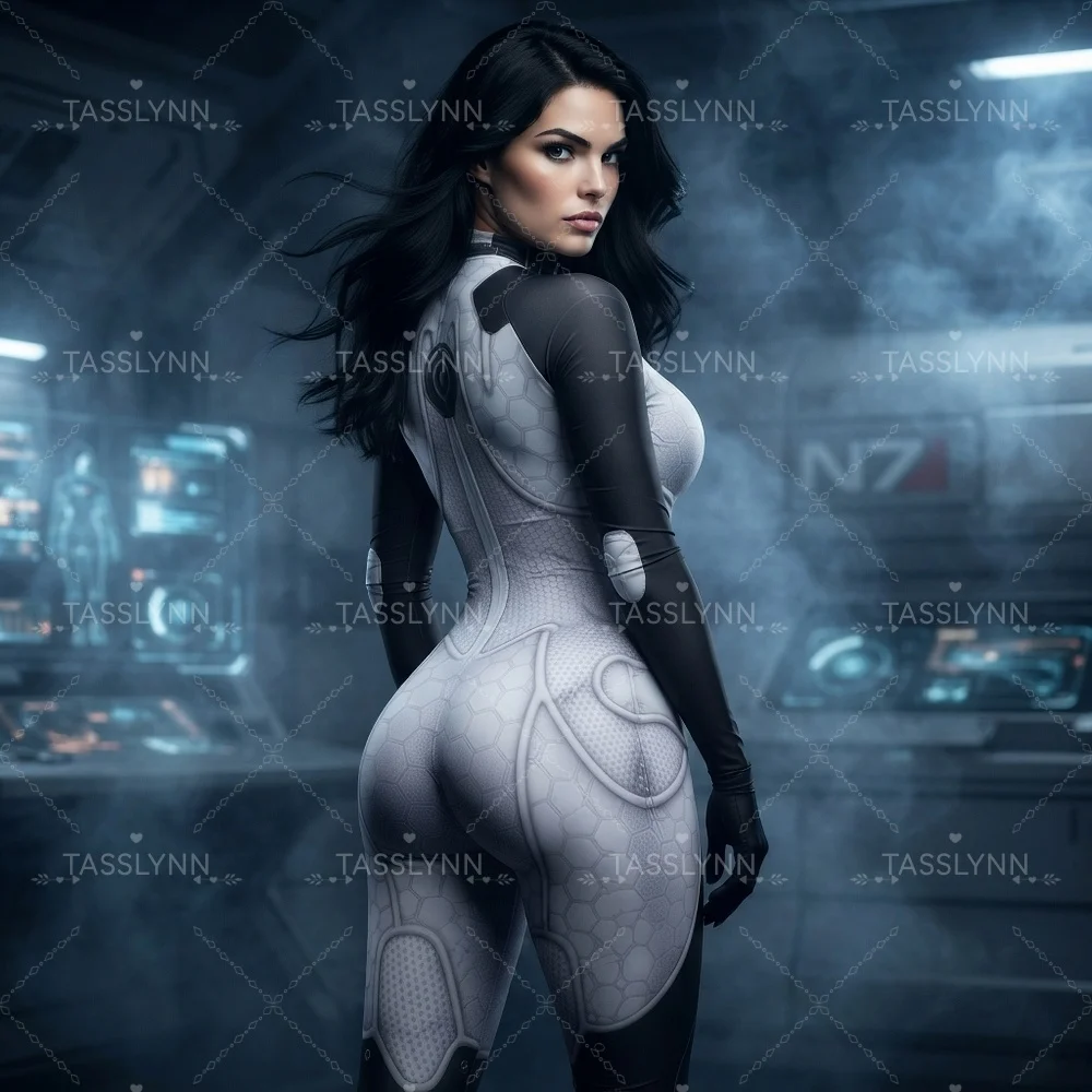Sexy Miranda Lawson Cosplay Costume Zentai Bodysuit 3D Print White Black Sci-fi Full Body Jumpsuit Halloween Game Cos Costume
