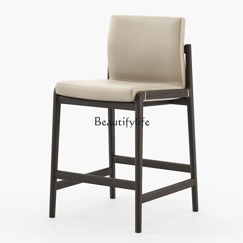 Italian minimalist solid wood bar chair high-end light luxury household leather high stool