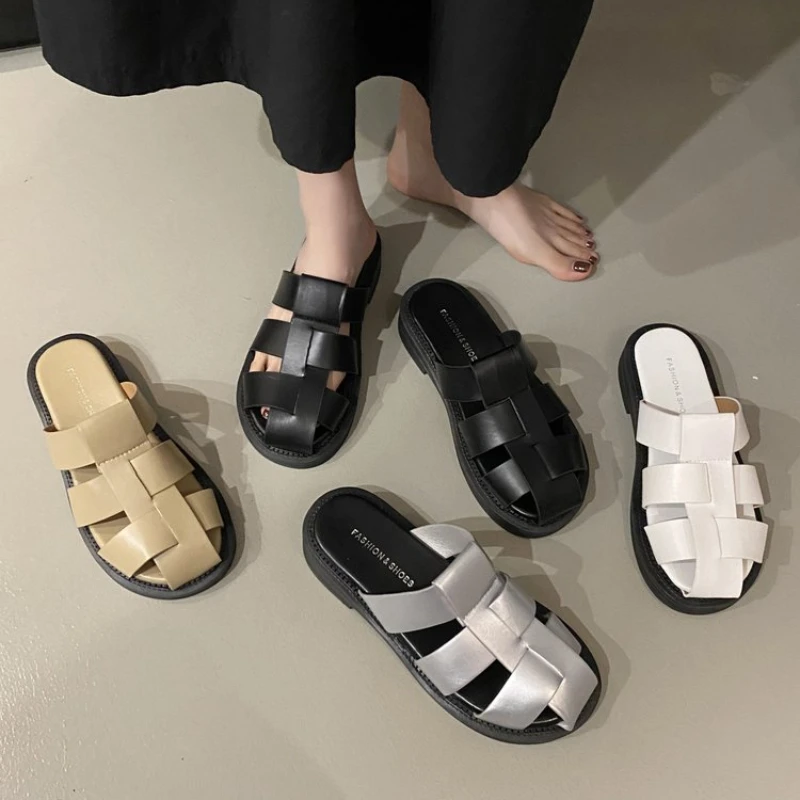 2024 New Women\'s Slippers Summer New Fashion Flat Heel Non-slip Comfortable Lightweight PU Leather Fashion High-end