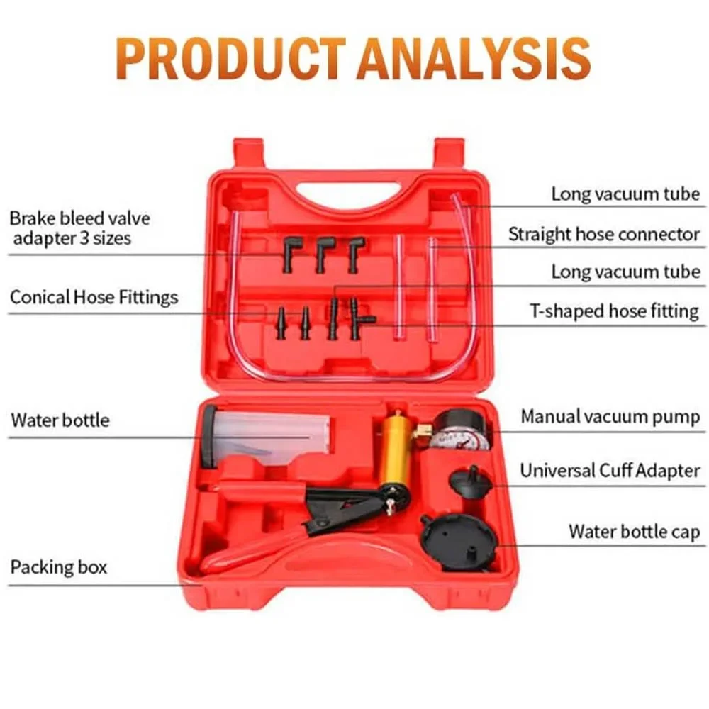 Manual Brake Bleeder Vacuum Pump Kit Automotive Fluid Tester with Gauge Adapters 2 in 1 Handheld Pistol Test Tool for Car Truck