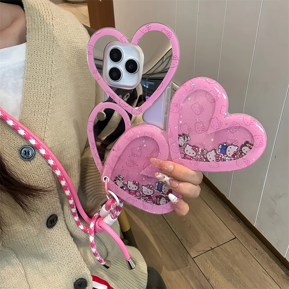 

Luxury Glitter Hellokitty Shake With Mirror Cute Case For iPhone 17 Pro Max 15 14 13 16 Pro Funda with Lanyard Crossbody Cover