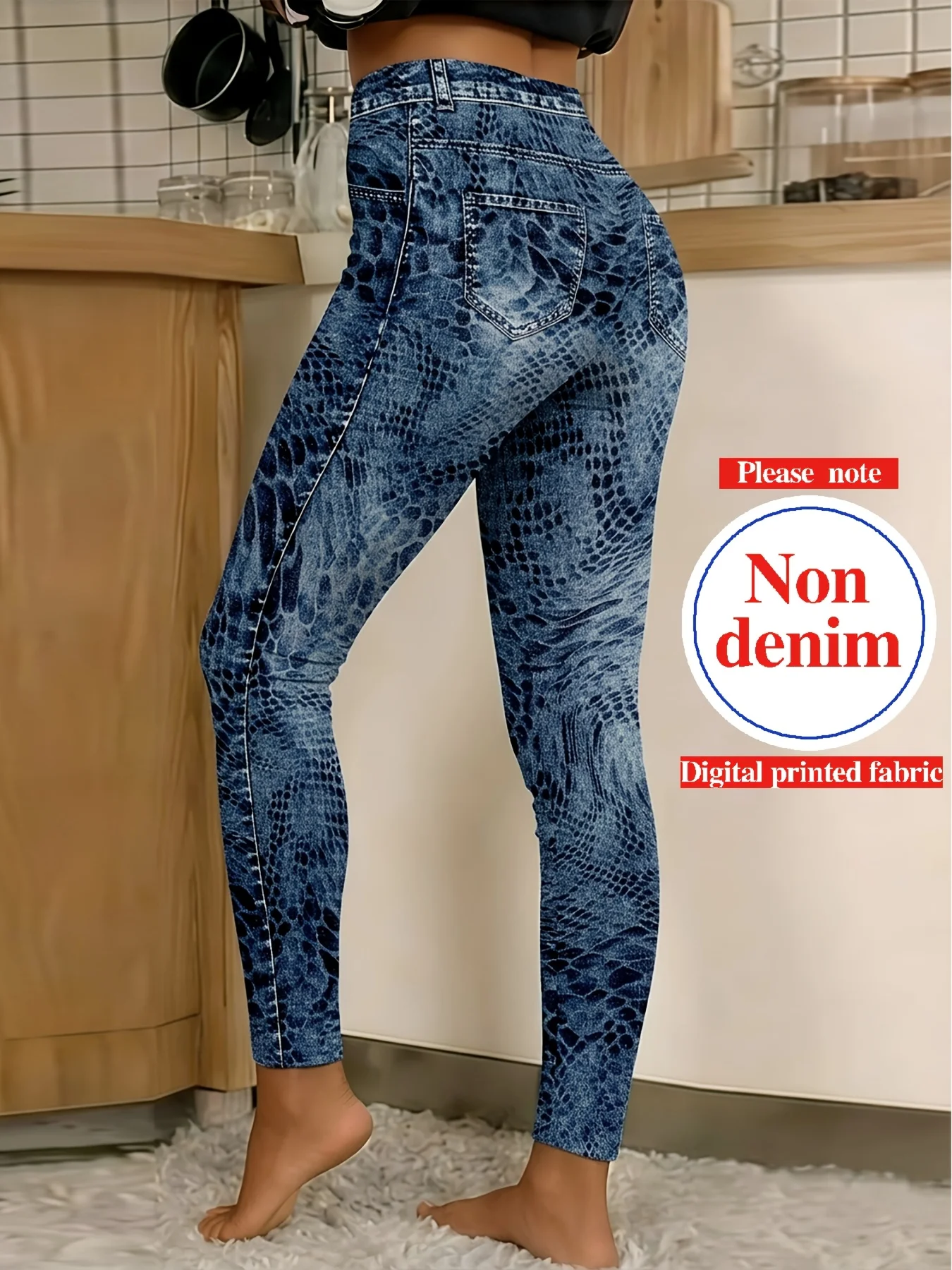 Women Mid?Rise Fleece Lined Leggings Snake Skin Print Non Denim Warm Elastic Casual Pants