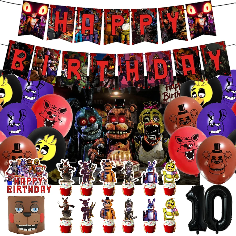 Decoración para Fiesta de Cumpleaños con Temática de Five Nights at Freddy's, Set de Globos, Adornos para Pastel, Banner, Fondo de Dibujos Animados, Regalo