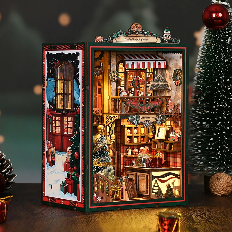 NEW DIY Book Nook Wooden Miniature Model Kits Christmas Shop Bookend 3D Puzzle With Light Bookshelf for Friends Birthday Gifts