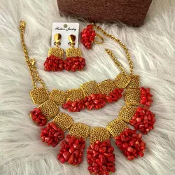 Dudo Coral Beads For Nigerian Wedding Gold Plated Dubai Necklace Set 4 Pieces