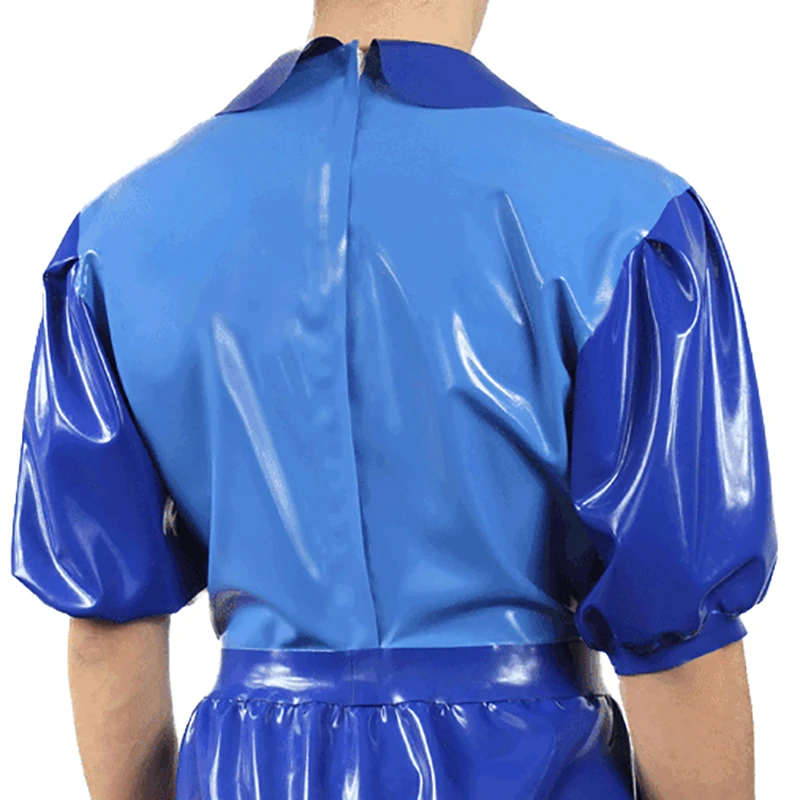 Blue Sexy Short Puff Sleeves Latex Swimsuit With Diaper Zipper Rubber Body Suit Catsuit Zentai Romper Jumpsuits LTY-0337