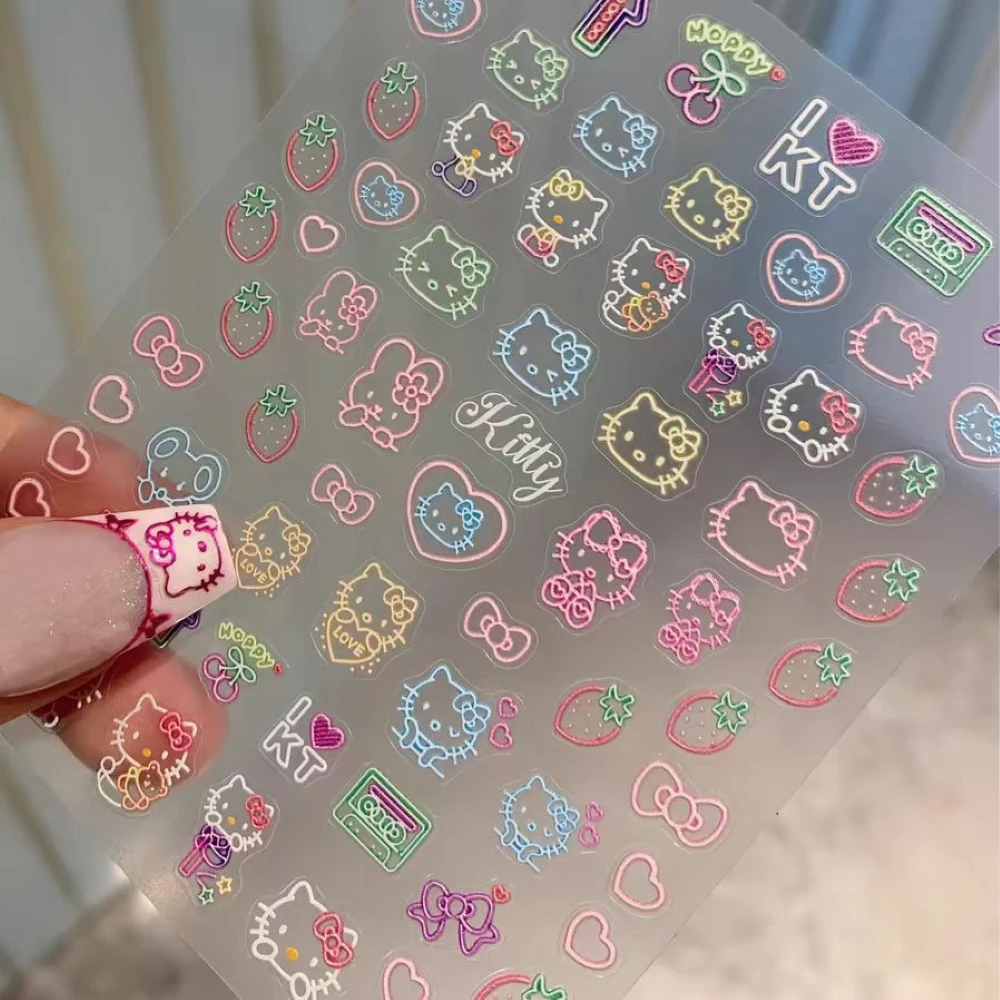 1 sheet HelloKitty Sanrio New 5D Relief Cartoon Nail Art Stickers Nail Decals for Manicure fashion Design DIY Happy Accessories