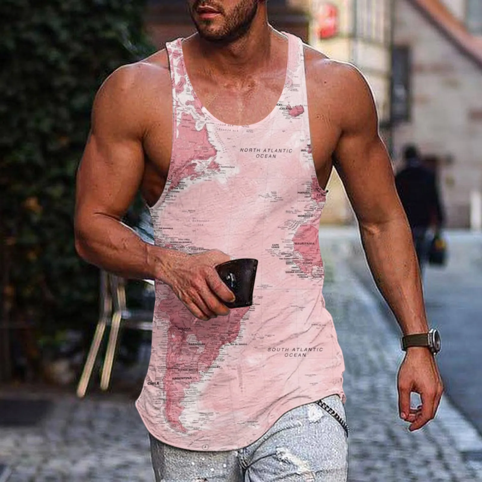 Summer Fitness Tank Top Bodybuilding Muscle Men Vest Workout Training Undershirt 3d Map Printed Sleeveless Shirt Men Pink Vest