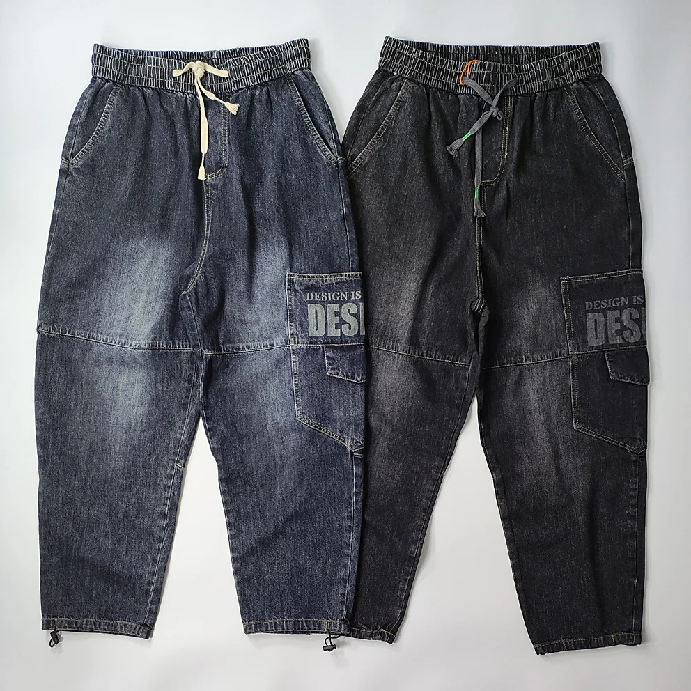 

Мужские хлопковые брюки-карго в стиле ретро, свободные, прямого кроя, с высокой талией, на эластичном поясе с завязками, повседневные молодежные модные джинсы