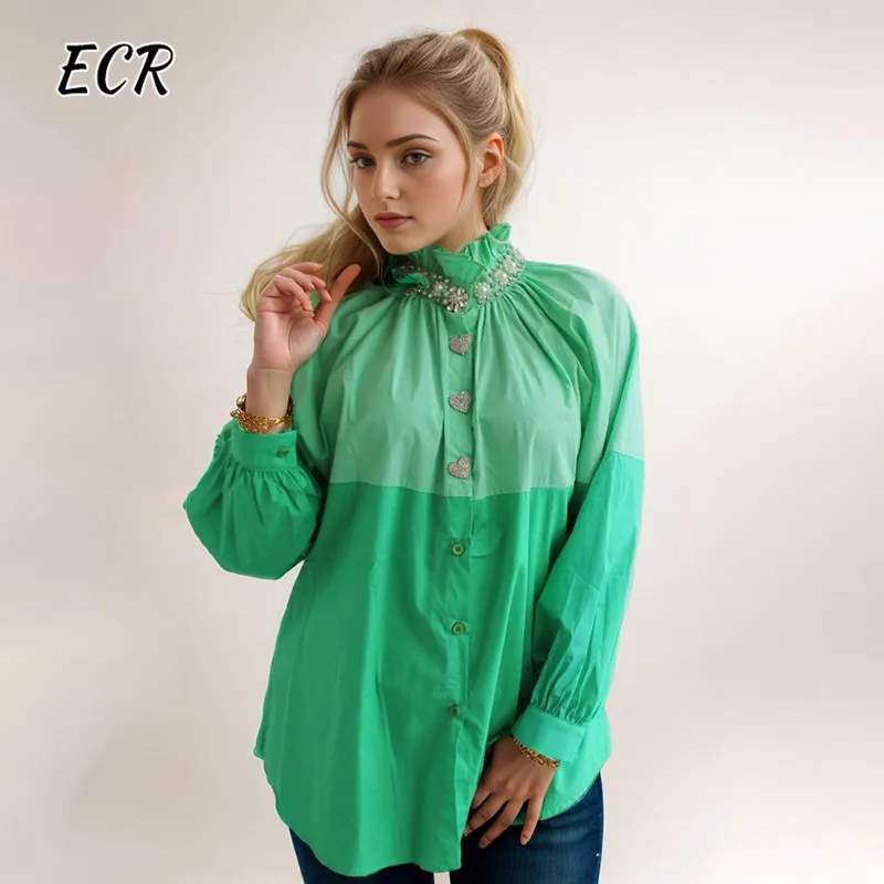 

ECR Fashion Hit Color Blouses For Women Stand Collar Long Sleeve Spliced Diamonds Casual Loose Single Breasted Shirts Female New